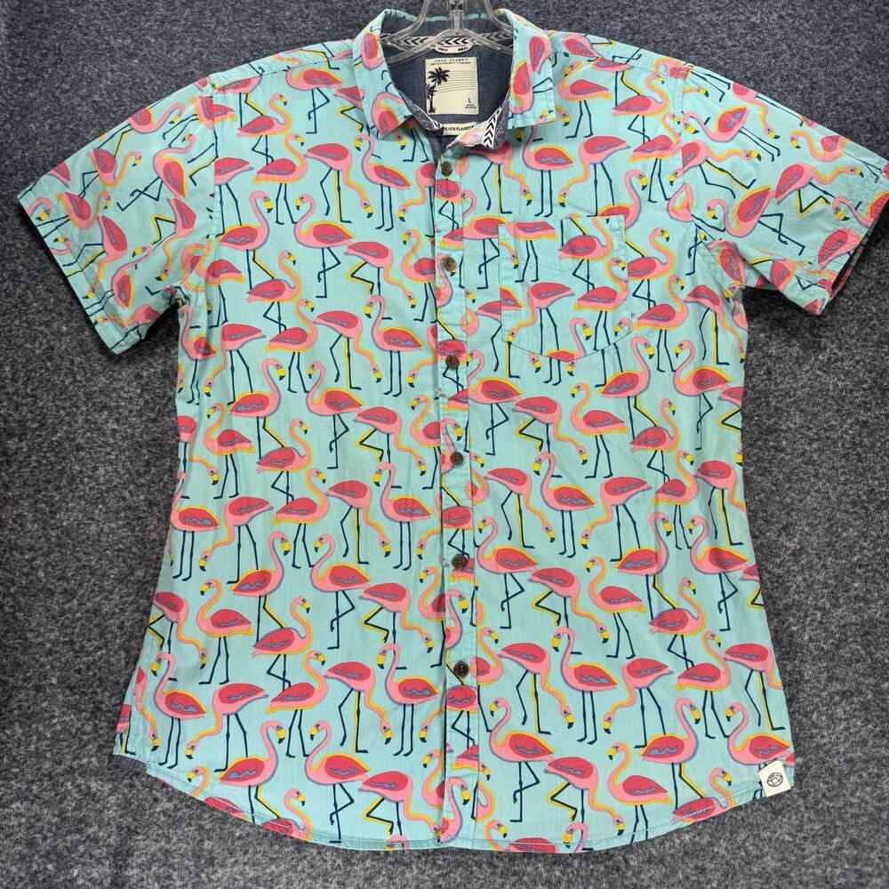 FREE PLANET Eco Friendly Large Pink Flamingo Tropical Hawaiian Button Down A247